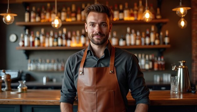Confident male bartender in leather apron stands at wooden bar counter. Friendly man works in cozy pub restaurant. Professional mixologist smiles ready to prepare cocktail with liquor bottles on