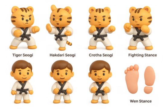 Cute cartoon martial artists in various karate poses with tiger costumes