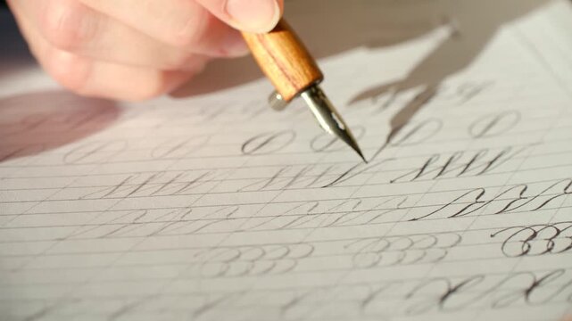 Close up of a female hand holding a vintage dip pen with a wooden handle, practicing beautiful calligraphy writing on a ruled notebook with black ink under warm, natural sunlight