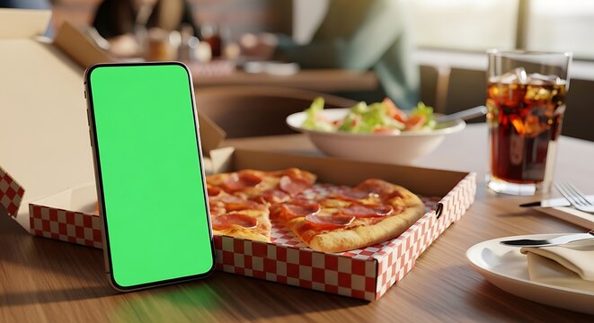 A smartphone with a blank green screen for mockup on a restaurant table with a fresh pepperoni pizza in a box and a cold drink