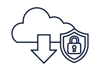 Icono de nube de computación con flecha de descarga y escudo con candado de seguridad