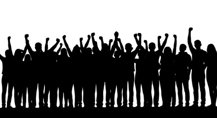 Silhouetted Crowd Protesting with Raised Fists in Solidarity Against Injustice, Demonstrating for Human Rights & Social Change at Rally, Representing Activism and Revolution for Websites or Social Med