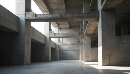 Brutal concrete structure stands. Light passes through open spaces. Interior architecture design simple geometric forms. Empty urban space shows concrete walls. Building with industrial style, cement