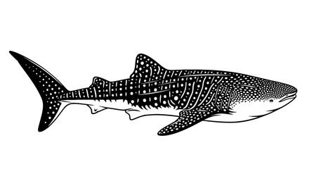 Fototapeta premium Detailed Whale Shark Illustration Swimming Gracefully in Deep Ocean - Marine Wildlife Conservation, Educational Resource for Biology Studies & Underwater Ecosystem Presentation, Black and White Vector