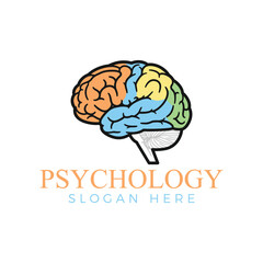 Colorful illustration of a human brain divided into four distinct lobes with different colors, symbolizing different functions and areas of study in psychology, isolated on white background
