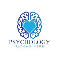 Psychology logo design featuring a stylized brain outline with a heart shape inside, symbolizing mental health and emotional balance, isolated on white background