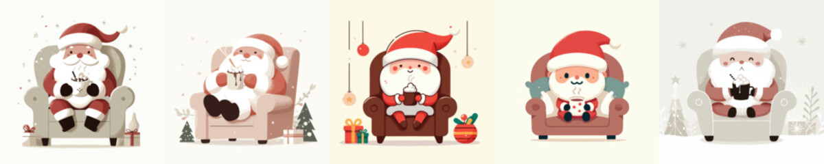 Santa Claus sits back and drinks hot chocolate. Vektor, design, minimalist, illustrations, set icon