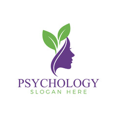 Psychology logo concept with a female profile silhouette merging with growing green leaf sprout, representing natural growth, mental wellness, and holistic therapy, isolated on white background