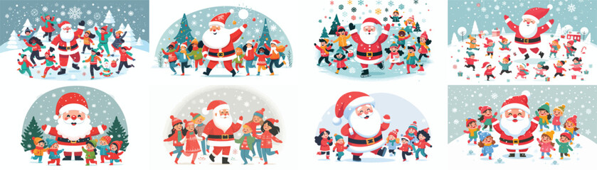 Santa is playing with children on Christmas day. Vektor, design, minimalist, illustrations, set icon