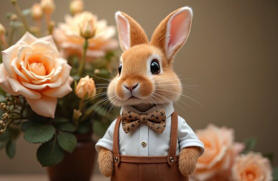 Adorable AI generated bunny wears a brown bow tie and suspenders with a white shirt. The charming rabbit stands formally near a soft bouquet of peach roses in an elegant setting. Cute animal.