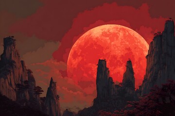 halloween landscape with moon