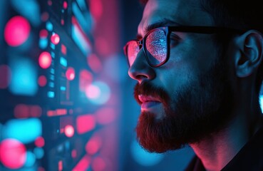 Man with beard looking at digital interface. Person using tech, connected globally. Businessman examines data, working with financial tech. Cyber world user, modern IT concept.