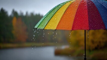 Colorful Umbrella Standing Out Against Blurred Autumn Trees and Water Reflecting Rainy Sky Showing Colors like Red Orange Yellow Green and Blue