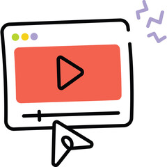Hand drawn illustration of a digital video player interface with a play button and progress bar on a transparent background with purple sound wave graphics