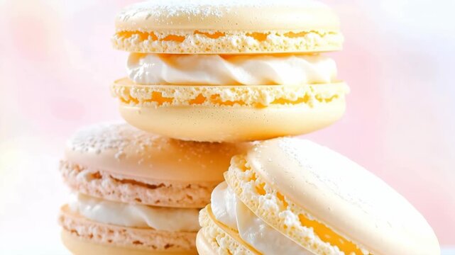 Vanilla cream macarons stacked with pastel background