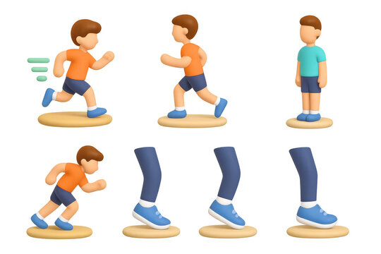 3d cartoon character set for animation: running and standing poses with detachable legs