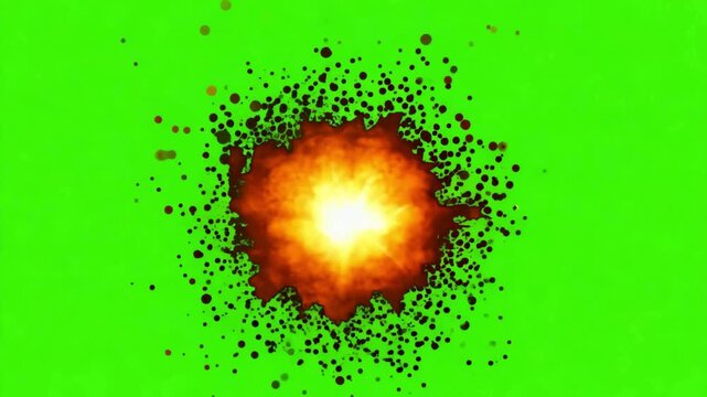Comic Book Fire Explosion Green Screen. Cartoon blast animation with black debris for funny action video editing.