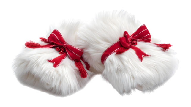 Elegant white fur slippers with festive red bows isolated on white background