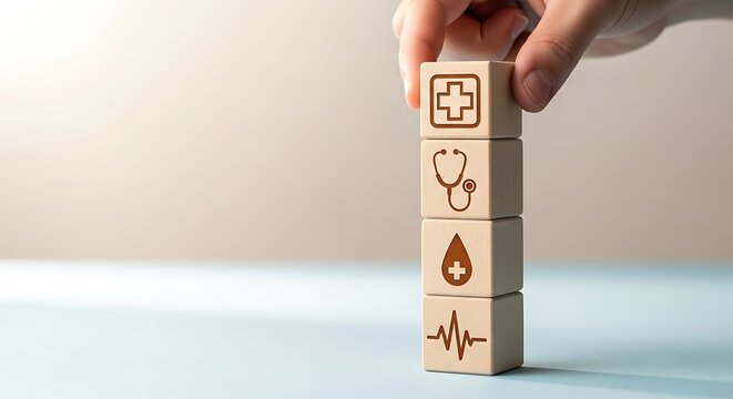 Hand stacking wooden blocks with medical icons isolated on white background - Powered by Adobe