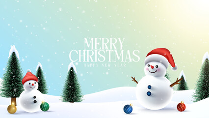 Merry Christmas wish snowy background. Snowdrifts. Snowfall Cold weather. Winter season with 3D cheerful snowman and baby snowman.