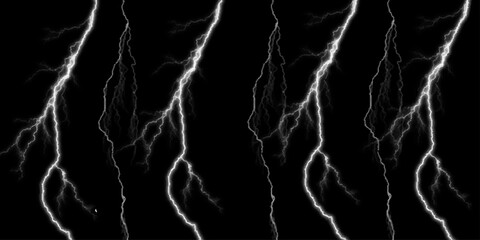 Dramatic Electric Lightning Strikes Abstract Pattern on Black Background. Lightning Effect Overlay, Isolated Electric Thunderstorm Bolt Strikes on Dark Night Sky Background.	