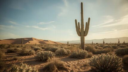 Realistic medium shot of a large cactus in an arid environment, representing desert nature and dry climate.