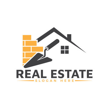 Real estate logo design incorporating a trowel and brick wall element with a house silhouette, isolated on white background