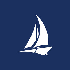 Minimalist white silhouette of a sailboat with full sails on a solid deep blue background, representing nautical travel and maritime adventure