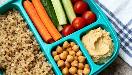 Colorful, healthy bento with quinoa, chickpeas, fresh vegetables, and hummus compartments