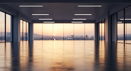 Office interior with sunset view