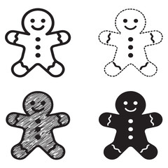 Four gingerbread man icons in different styles: outline, dotted, sketched, and solid.