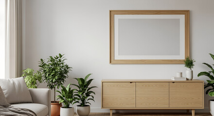 Modern Minimalist Living Room Interior with Wooden Furniture and Potted Plants