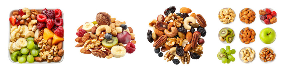 Healthy fruit nut assortment for snack nutrition concept with variety