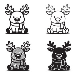 Four cartoon reindeer in different styles, sitting and wearing scarves.