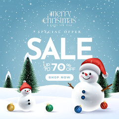 Merry Christmas sale promotion poster banner with product display and festive decoration light background. Winter season with 3D cheerful snowman and baby snowman.