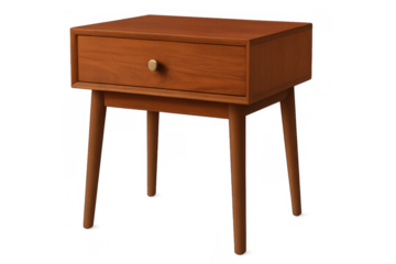 Wooden nightstand in mid-century modern style with single drawer, ideal for bedroom storage, transparent background