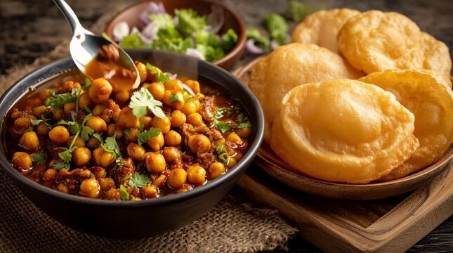 Delicious chole bhature served in a dark bowl with fried bread