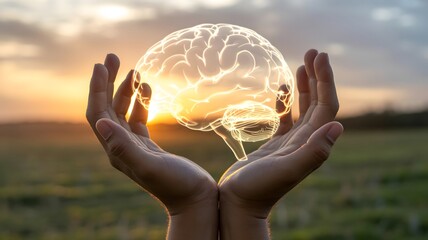 Hands Holding Glowing Brain Symbol at Sunset