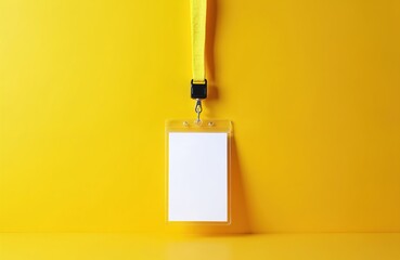 Blank nametag on yellow background with yellow lanyard. Use for events conferences, meetings. Id card for access, identification. Name badge for professionals. Customization with text. Copy space