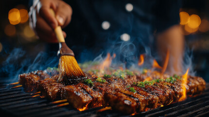 grilled yakitori skewers brushed with sauce over open flame