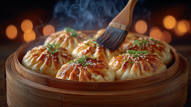 steaming bao buns brushed with glaze in bamboo steamer
- Powered by Adobe