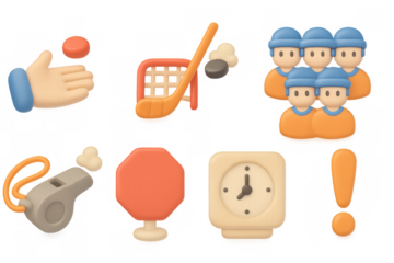 3d hockey game icons set with player, equipment, and whistle in soft pastel colors