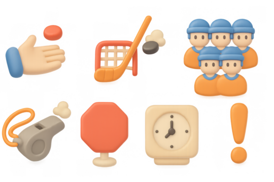3d hockey game icons set with player, equipment, and whistle in soft pastel colors