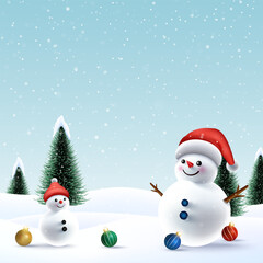 Merry Christmas wish snowy background. Snowdrifts. Snowfall Cold weather. Winter season with 3D cheerful snowman and baby snowman.
