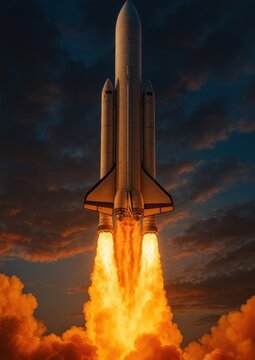 Space shuttle launching fiery ascent.