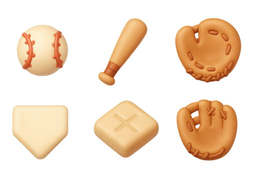 3d baseball icons set: ball, bat, glove, base, home plate