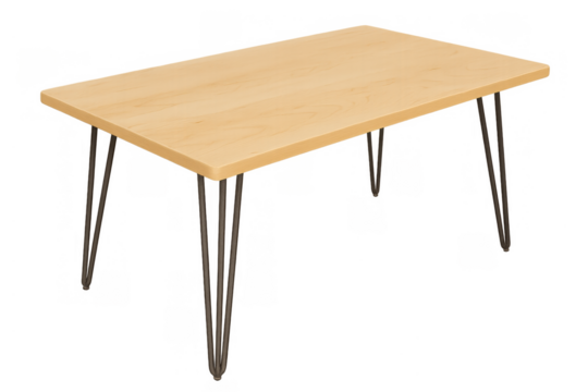 Light wood tabletop with contemporary metal hairpin legs, presenting a minimalist design for home or office interior styling