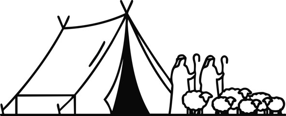 A black and white illustration depicting a tent, shepherds, and a flock of sheep, possibly representing a biblical scene.