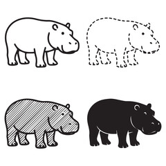 Four hippo illustrations: outline, dotted, shaded, and solid black.