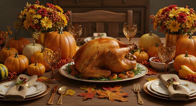 Thanksgiving dinner table setting with roasted turkey, pumpkins, and autumn decorations for a festive meal